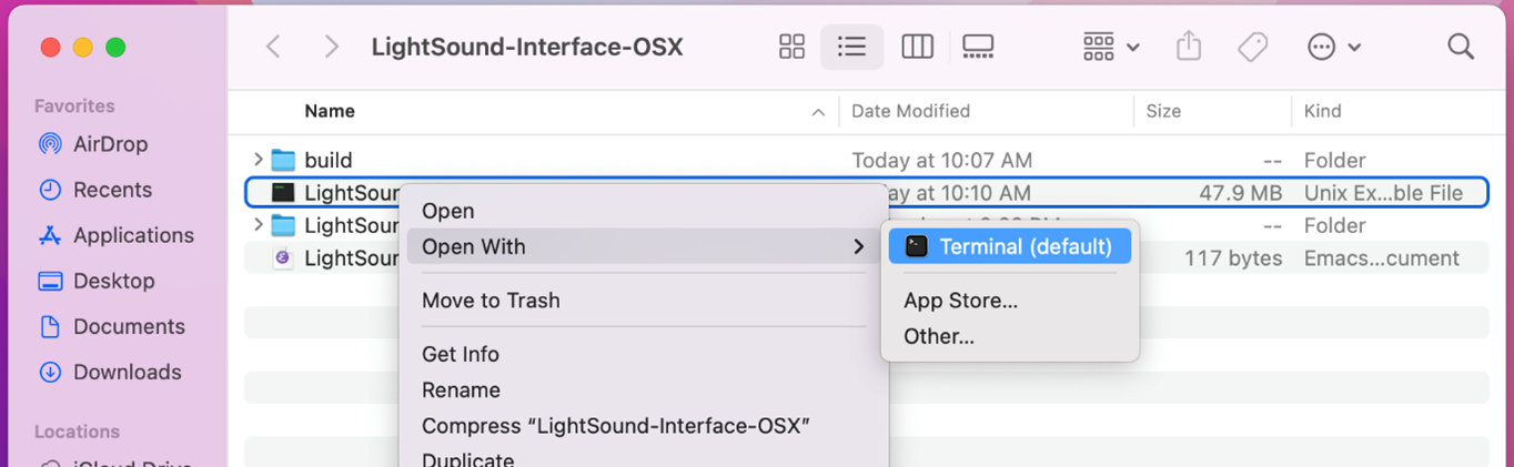 Sample Mac screenshot of LightSound-Interface-OSX showing how to get to the Open with Terminal option after right-clicking on the file.